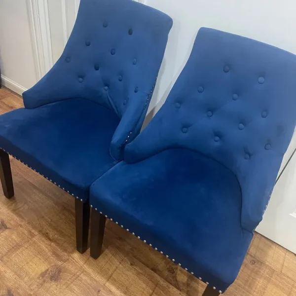 2 Blue Velvet Knocker Dining Chairs with Studs