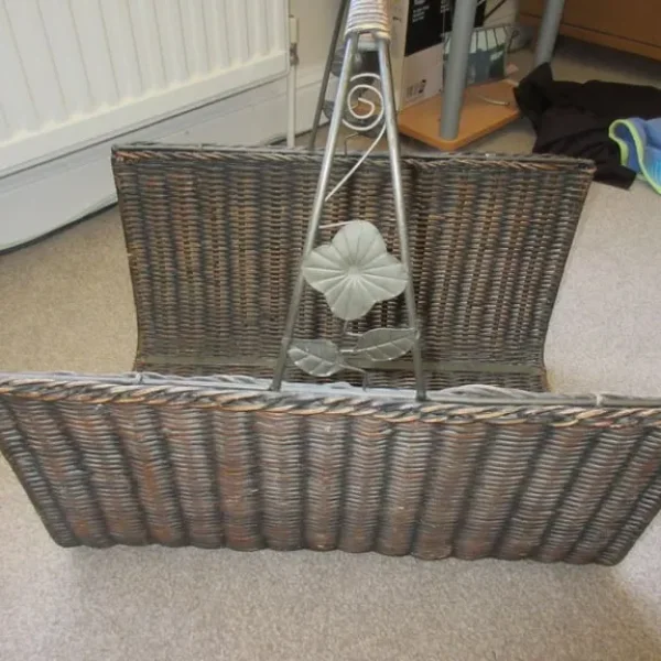 Vintage large woven wicker log basket with metal handle