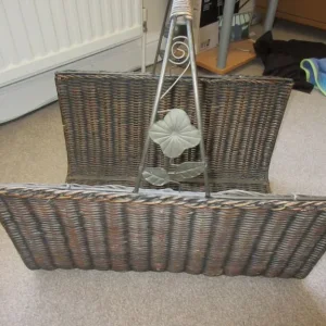 Vintage large woven wicker log basket with metal handle