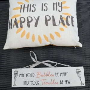 This is My Happy Place cushion and wooden hanging sign