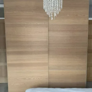 IKEA PAX White Oak Wardrobe – 2 Hang Rails, 5 Shelves, 3 Wire Drawers