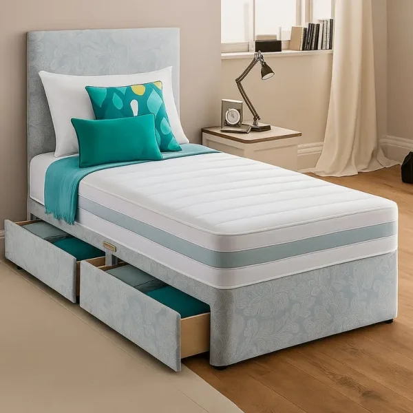 Divan bed with storage drawers and comfort – fits Single, Small Double, Double, or King size