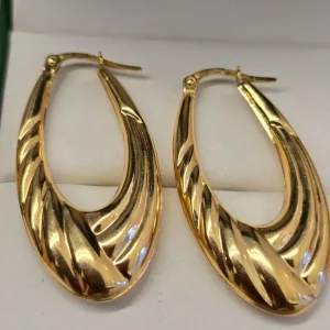 9CT GOLD ELONGATED RIBBED CREOLES