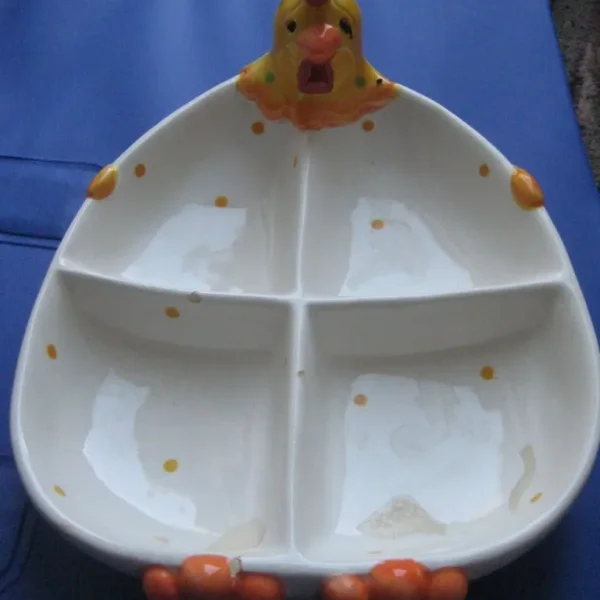 Chicken Themed Dish with a Small Crack