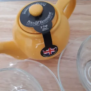 Mustard teapot and 2 glass cups from House of Fraser