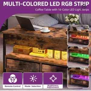 Lift Top Coffee Table with 2 Drawers and LED Light - Image 8