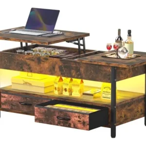Lift Top Coffee Table with 2 Drawers and LED Light