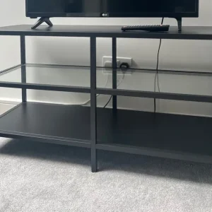 Modern black steel frame tv stand - wood & glass shelf - Image 2