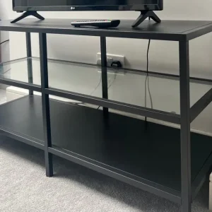 Modern black steel frame tv stand - wood & glass shelf