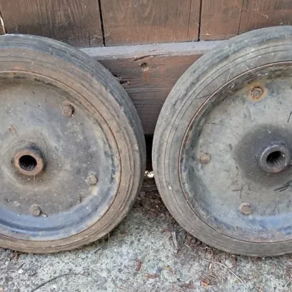 Vintage trailer trolley wheels x 2 – 14 inch solid rubber tyres