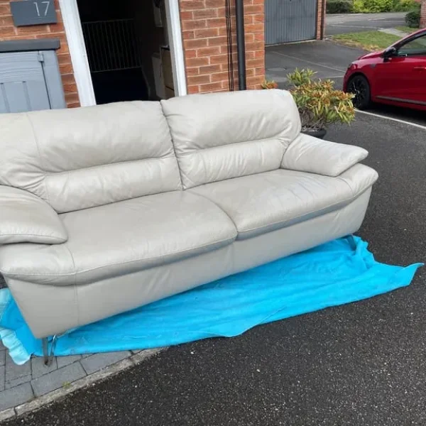 3 seater grey leather sofa, footrest and storage footstool