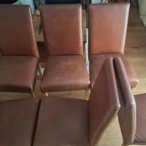 Indigo dining table and six oak leather chairs - Image 4