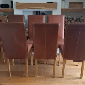 Indigo dining table and six oak leather chairs - Image 5