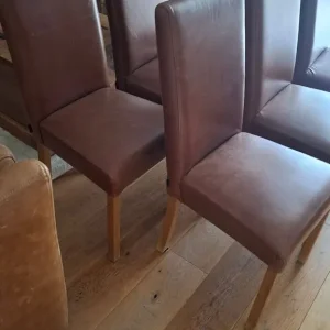 Indigo dining table and six oak leather chairs - Image 8