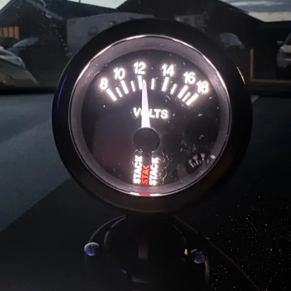Stack Battery Voltmeter Gauge (Black Dial Face) - 52mm Diameter, LED Backlight