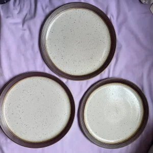 3 x Vintage Stoneware Brown Rim and Freckled Glazed Dinner Plates 25 cm diameter
