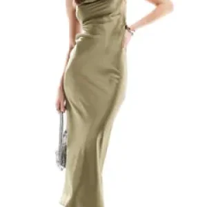 Miss Selfridge satin asymmetric cowl maxi dress in khaki - Image 3