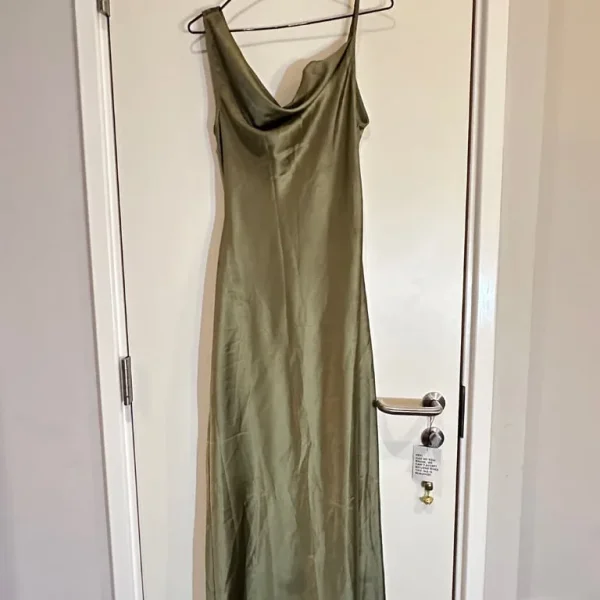 Miss Selfridge satin asymmetric cowl maxi dress in khaki