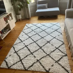 Cream and grey black deep pile boho rug
