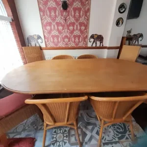 Large oval dining table with 8 rattan chairs - Image 4