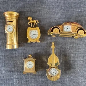 Miniature brass clock set
