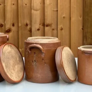 THREE ANTIQUE FRENCH STONEWARE CONFIT POTS AND SALTING JARS – 1900s – HAND-THROWN - Image 2