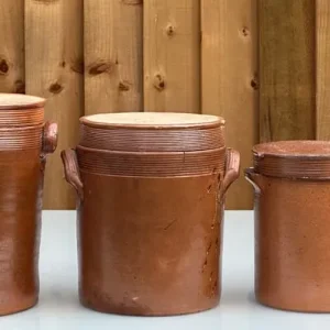 THREE ANTIQUE FRENCH STONEWARE CONFIT POTS AND SALTING JARS – 1900s – HAND-THROWN - Image 3