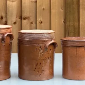 THREE ANTIQUE FRENCH STONEWARE CONFIT POTS AND SALTING JARS – 1900s – HAND-THROWN - Image 4
