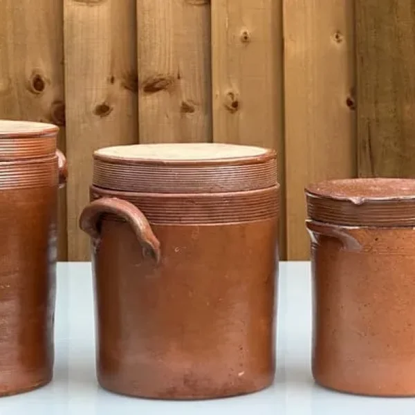 THREE ANTIQUE FRENCH STONEWARE CONFIT POTS AND SALTING JARS – 1900s – HAND-THROWN