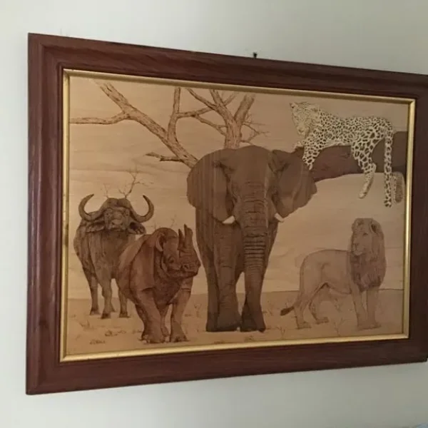 Framed marquetry picture of African wildlife