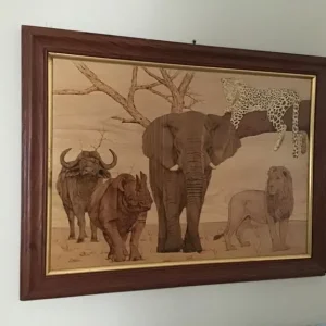 Framed marquetry picture of African wildlife