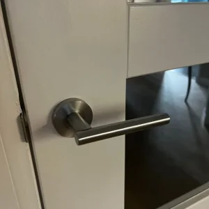 Pair of internal white gloss glass panel french doors with brushed chrome handles - Image 3