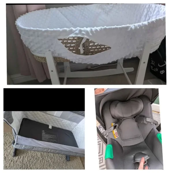 Baby bundle- Moses basket, next to me crib, baby car seat and isofix base
