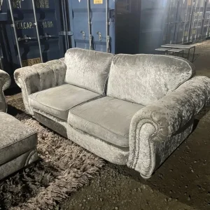 2 x grey/silver crushed velvet 3 seaters and pouffe - Image 2