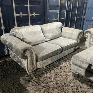 2 x grey/silver crushed velvet 3 seaters and pouffe - Image 3