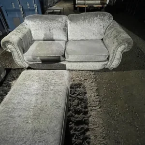 2 x grey/silver crushed velvet 3 seaters and pouffe - Image 4