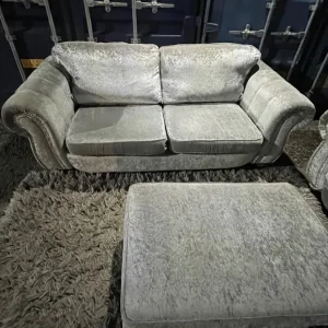 2 x grey/silver crushed velvet 3 seaters and pouffe - Image 5