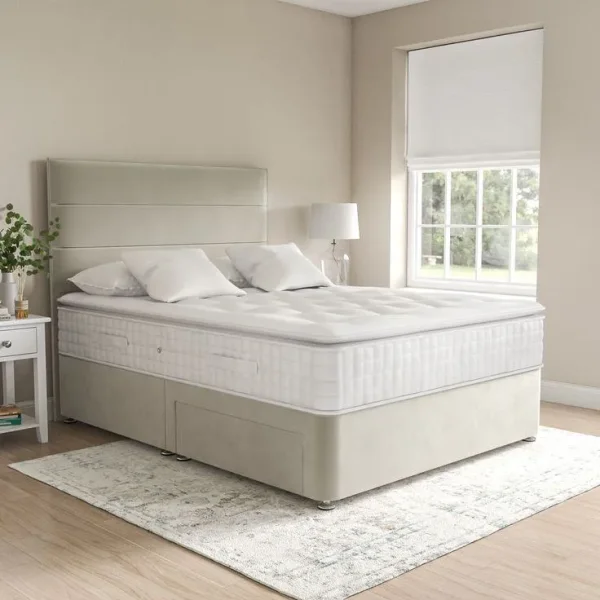 Divan bed with two drawers and padded surface – fits single, small double, double, or king size