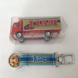 Toy car with Liam name on side and key ring