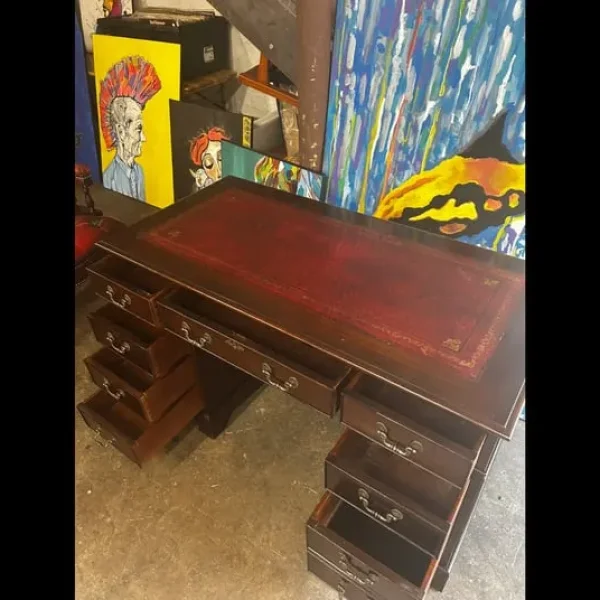 RED OXBLOOD CAPTAINS DESK WITH CHAIR AND CABINET