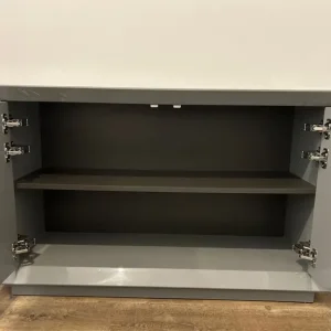 Dark grey metal cabinet with two doors and shelves - Image 2