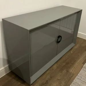 Dark grey metal cabinet with two doors and shelves - Image 3