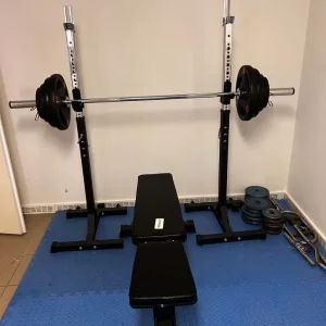 Adjustable Squat Rack, Adjustable Bench plus barbell and weights