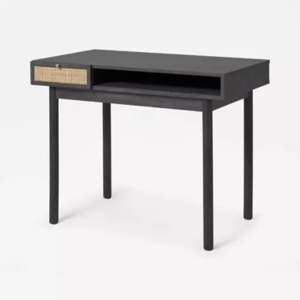 Pavia compact desk, natural rattan, black wood effect by Made
