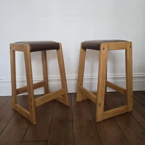 2 Mid-Century Wooden Stools with Faux Leather Seats