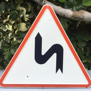 VINTAGE FRENCH ENAMEL TRAFFIC SIGN SHARP BENDS VIRAGES 1973