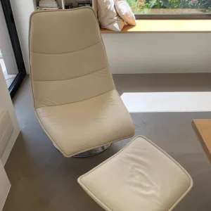 Cream Leather Conran Mid-Century Tilt & Swivel Chair with Footstool - Image 6