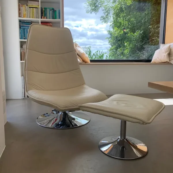 Cream Leather Conran Mid-Century Tilt & Swivel Chair with Footstool