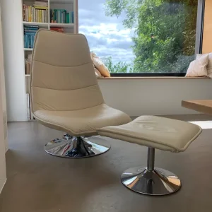 Cream Leather Conran Mid-Century Tilt & Swivel Chair with Footstool