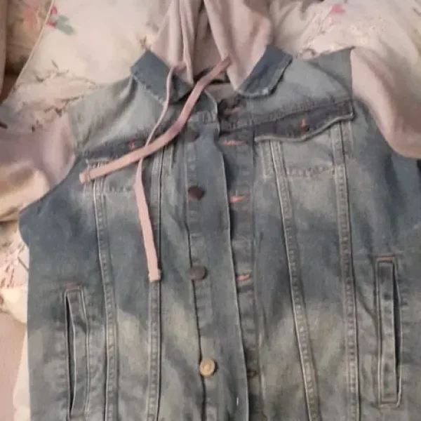 Mens denim jacket with grey hood and sleeves
